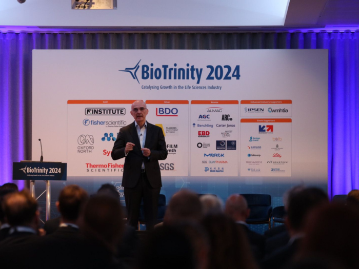 Photograph of Tim Haines presenting at BioTrinity 2024